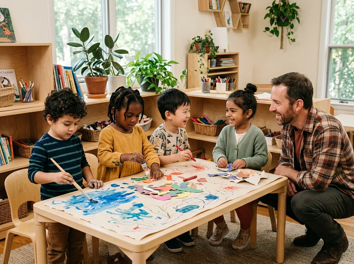 Representative preschool scene of children collaborating on a colorful art project with an educator