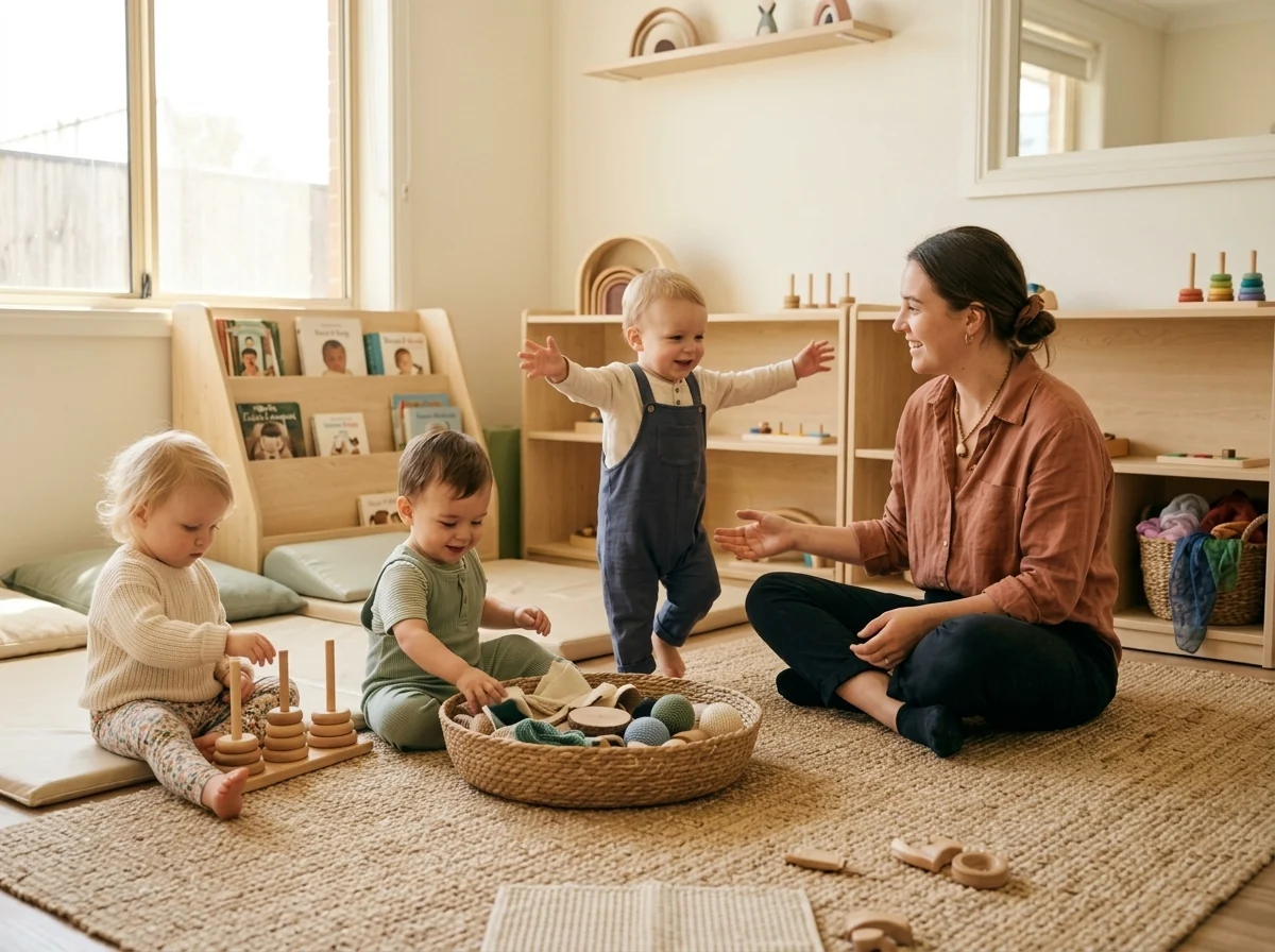 Representative classroom scene of three young toddlers exploring with an educator nearby