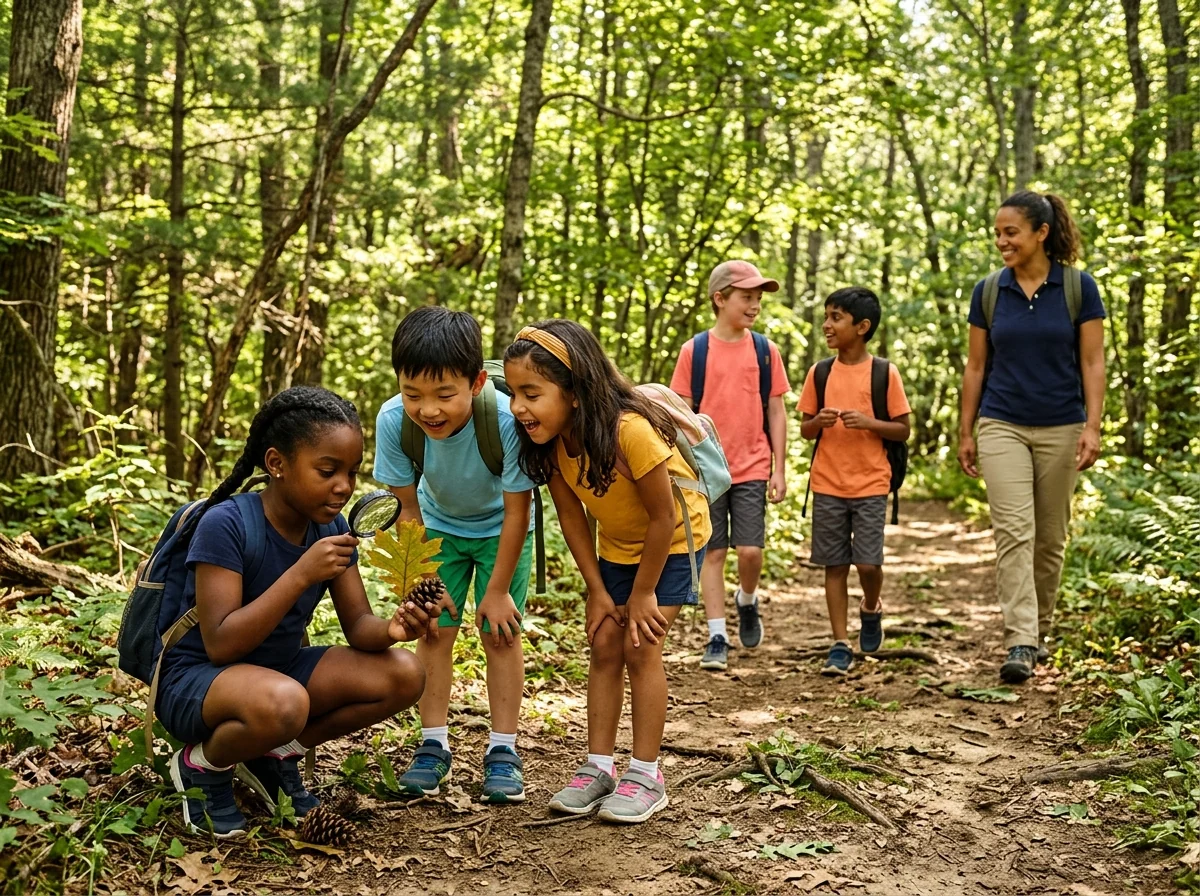 Representative summer-camp scene of school-age children making a discovery on a wooded trail