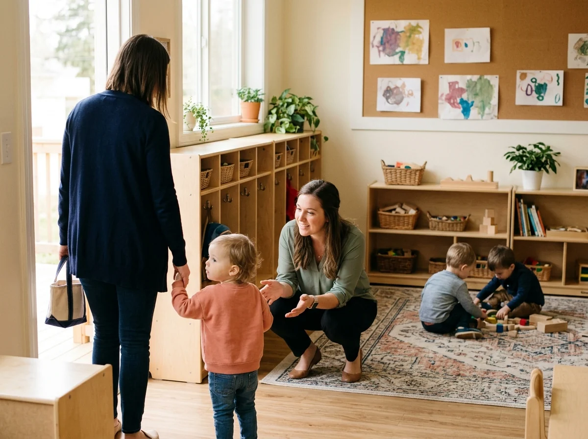 Representative school-tour scene of a parent and child receiving a classroom welcome