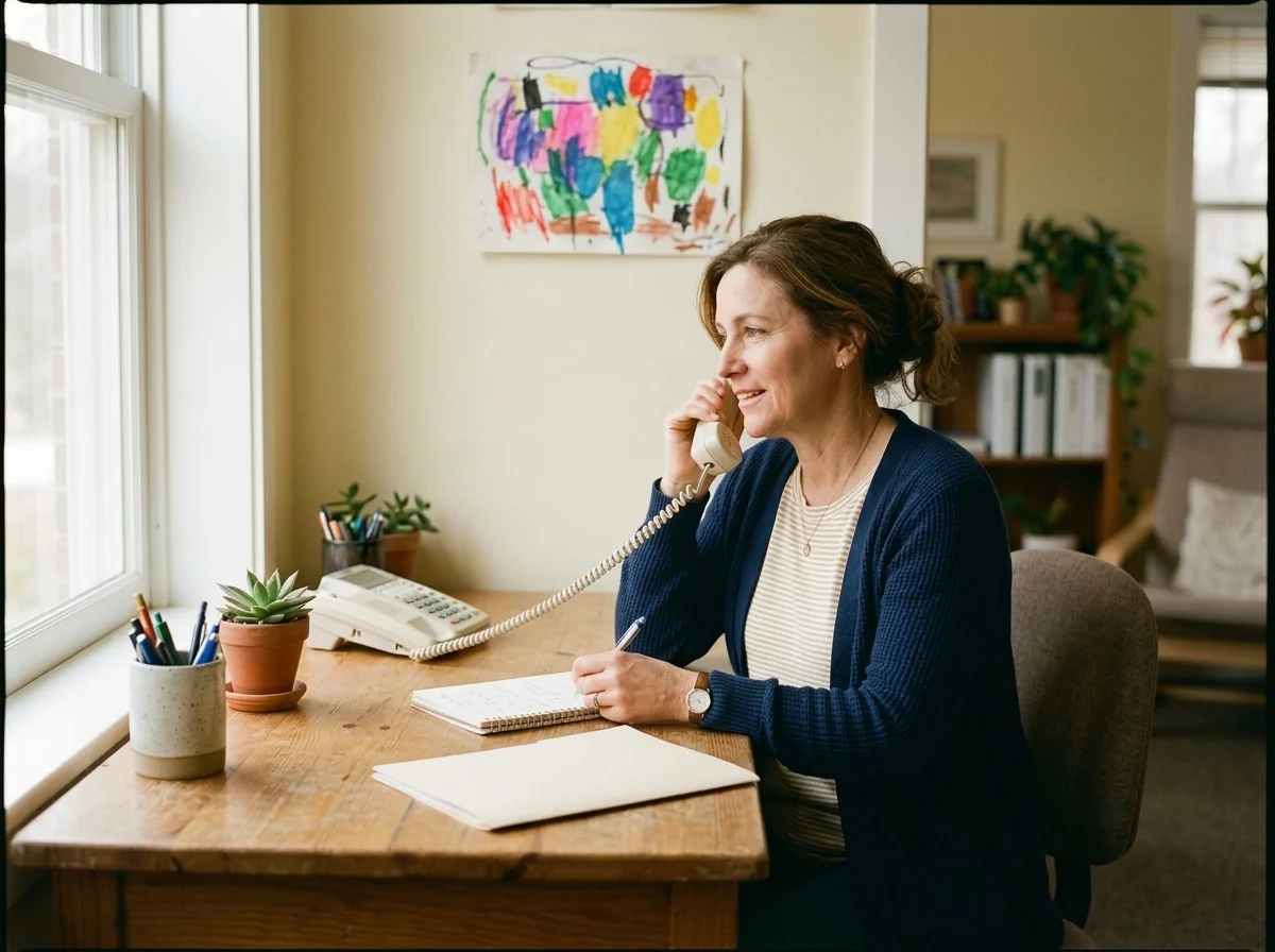 Representative school-office scene of an administrator helping a family by phone