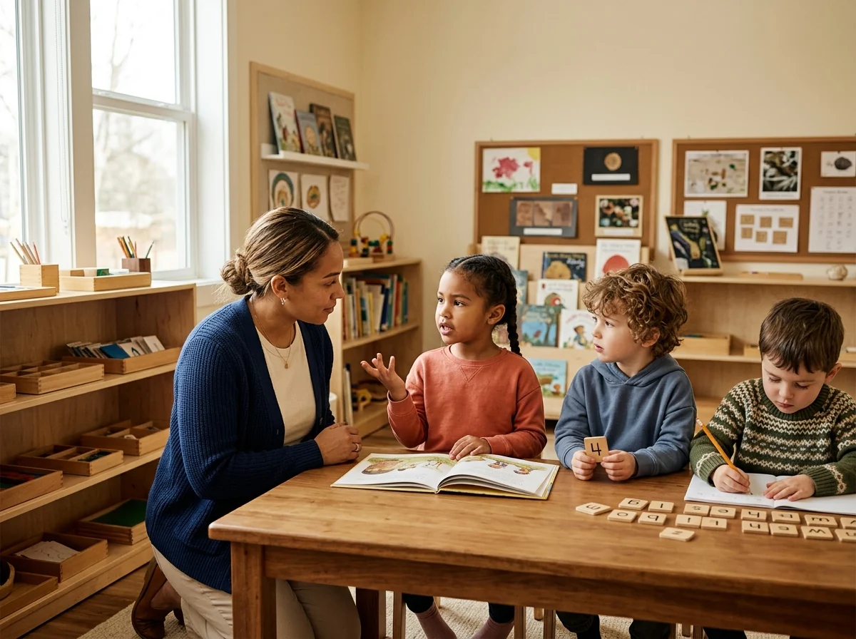 Representative kindergarten scene of a small group reading, writing, and working with numbers